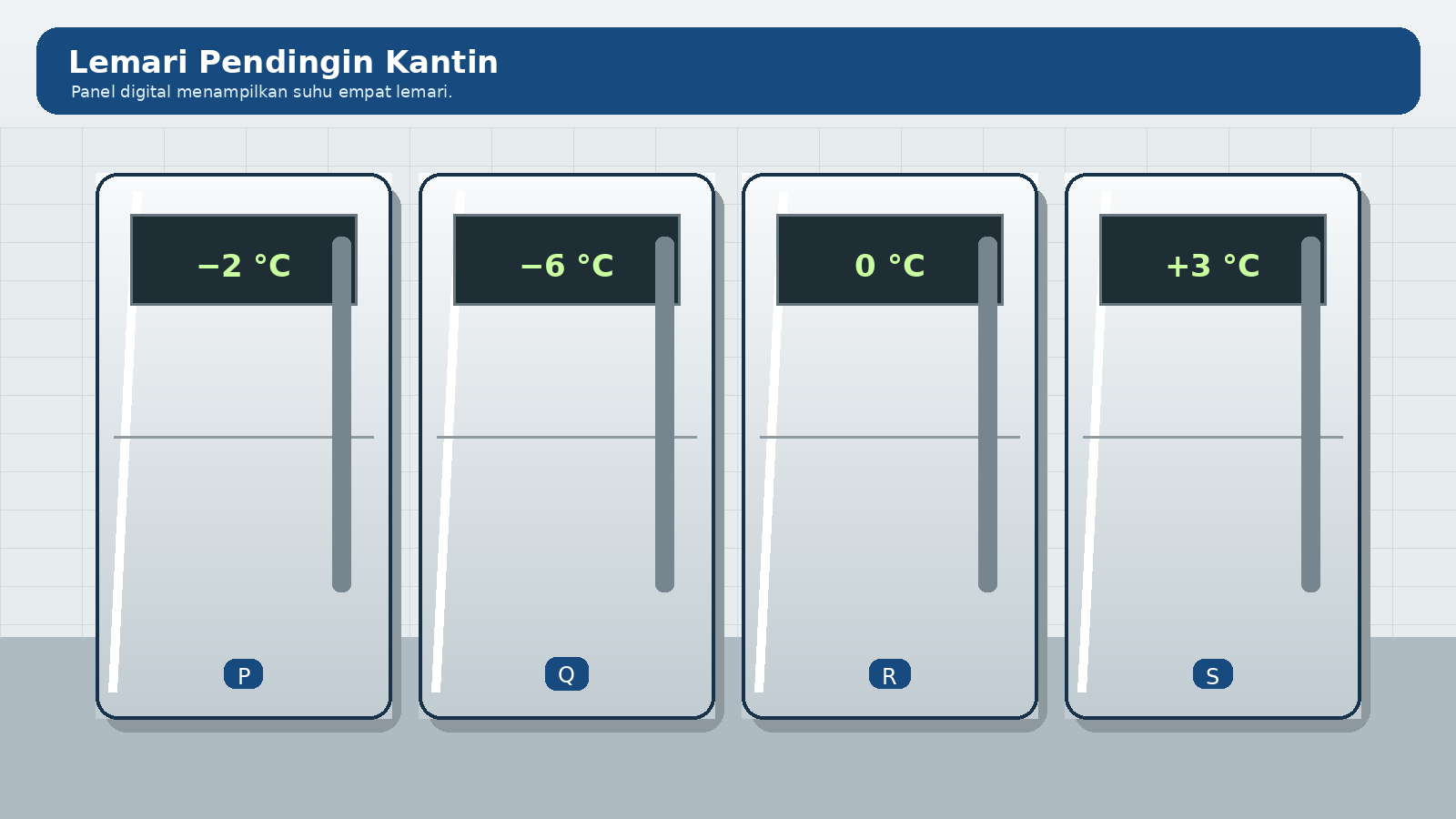 Empat lemari pendingin kantin berlabel P minus dua derajat Celsius, Q minus enam derajat, R nol derajat, dan S positif tiga derajat.