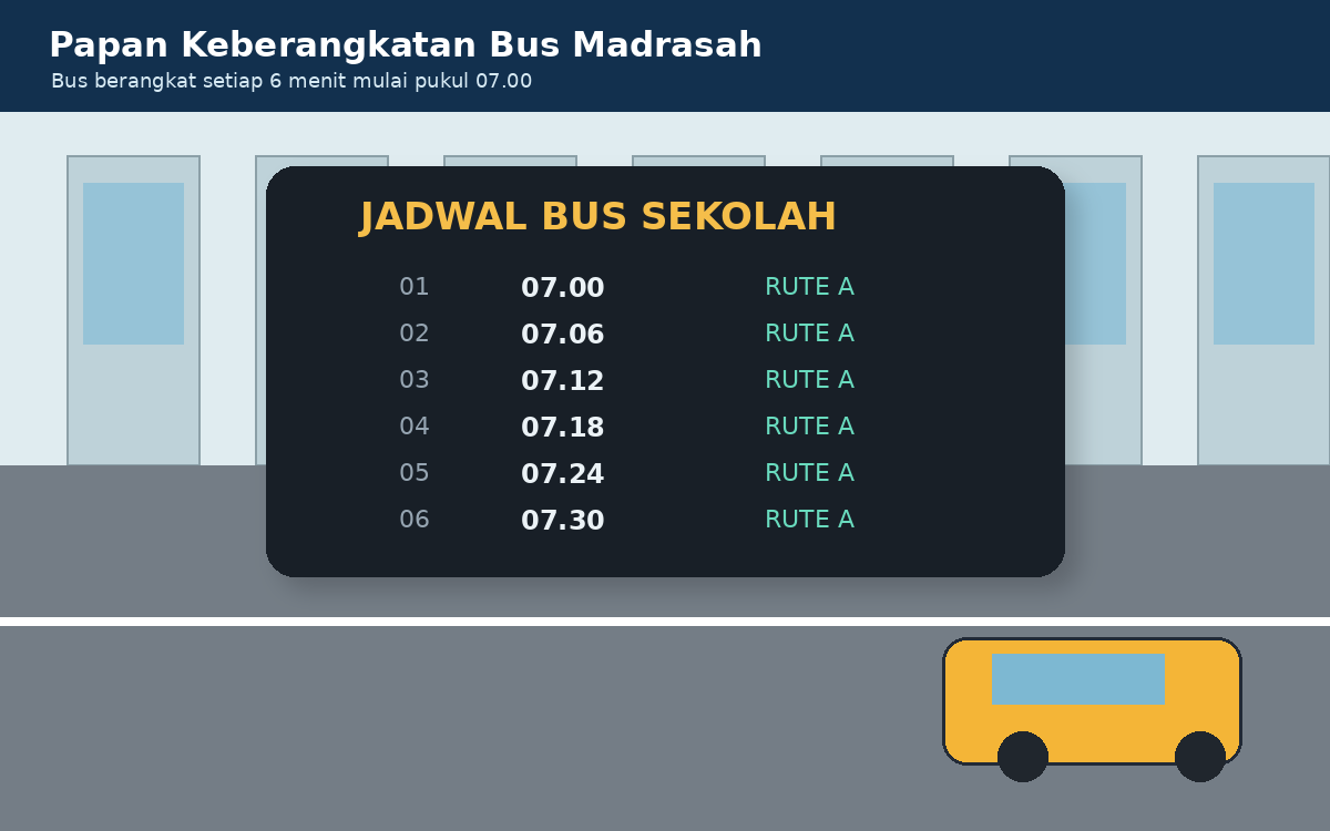 Visual soal 2: Papan keberangkatan bus menunjukkan waktu 07.00, 07.06, 07.12, 07.18, 07.24, dan 07.30.