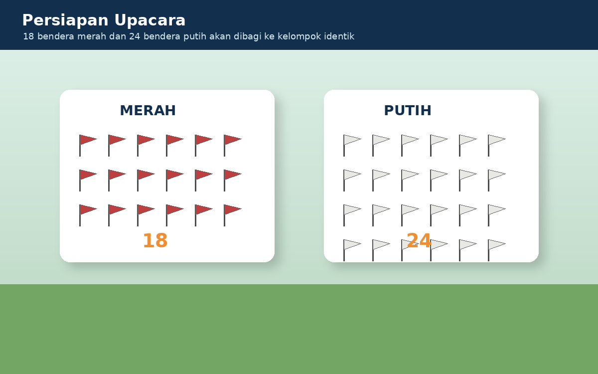 Visual soal 4: Dua meja berisi 18 bendera merah dan 24 bendera putih.