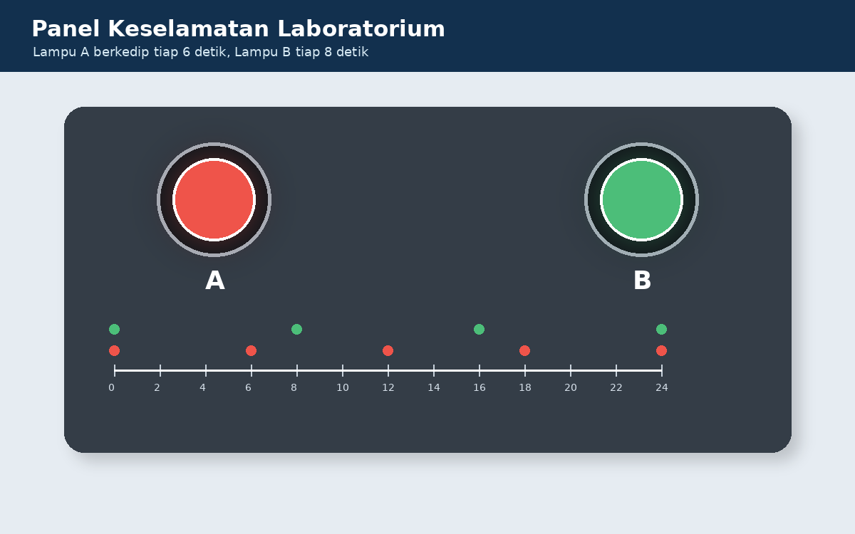 Visual soal 5: Dua lampu indikator: A setiap 6 detik dan B setiap 8 detik, dilengkapi garis waktu.