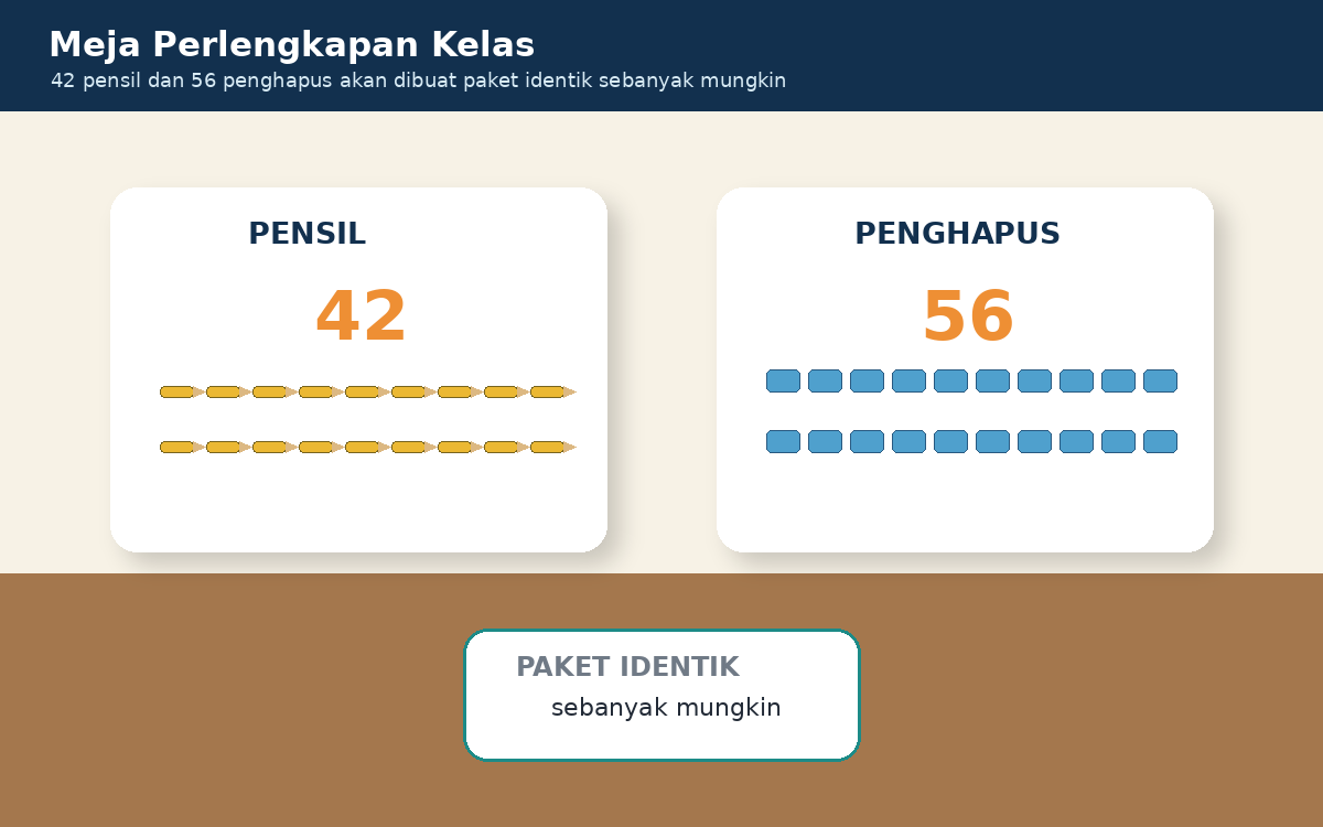 Visual soal 6: Meja perlengkapan berisi 42 pensil dan 56 penghapus untuk dibuat paket identik.