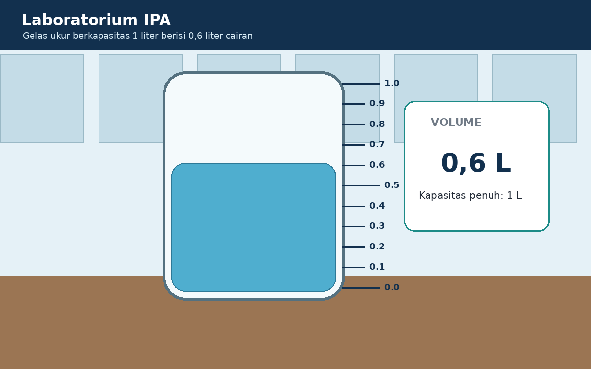 Visual soal 2: Gelas ukur berkapasitas satu liter berisi cairan sampai tanda 0,6 liter.
