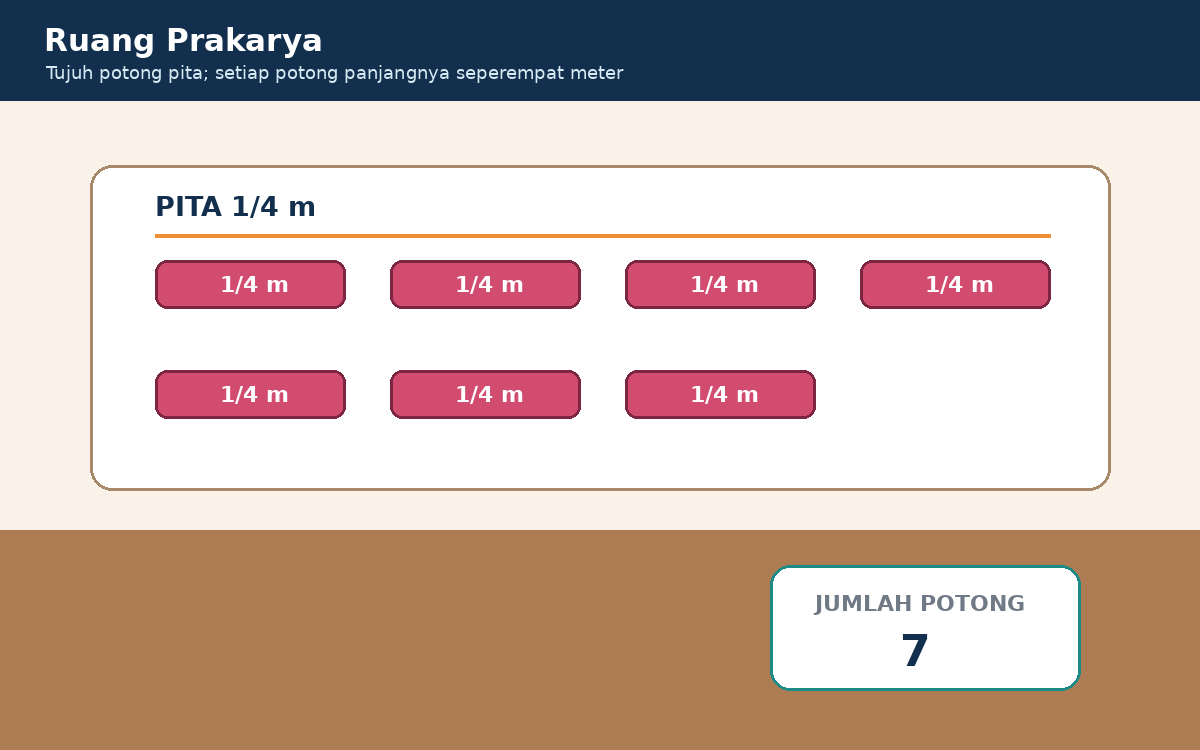 Visual soal 4: Tujuh potong pita, masing-masing berlabel seperempat meter, tersusun di meja prakarya.