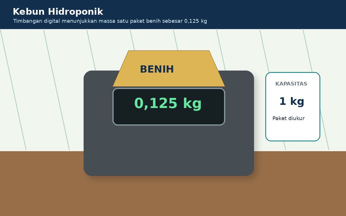 Visual soal 6: Timbangan digital menampilkan massa 0,125 kilogram untuk satu paket benih.