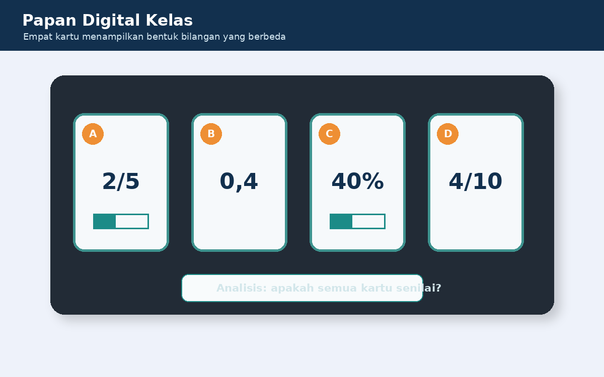Visual soal 7: Empat kartu digital bertuliskan 2/5, 0,4, 40 persen, dan 4/10.