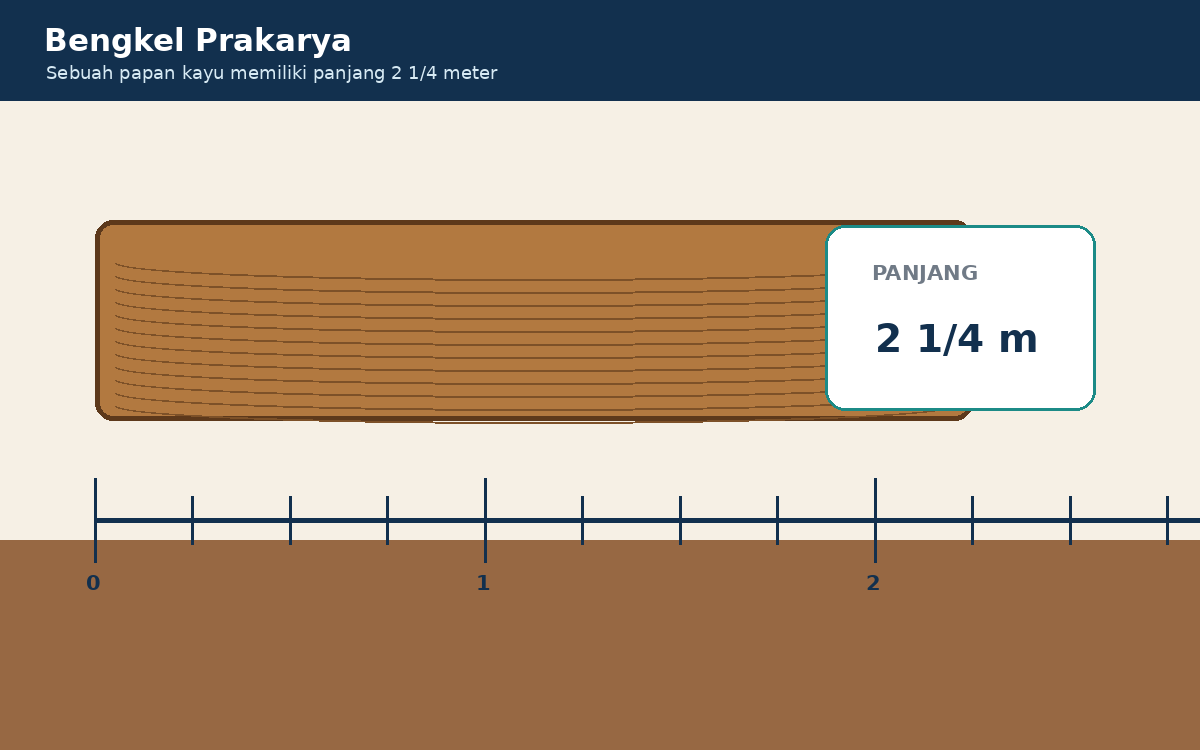 Visual soal 9: Papan kayu sepanjang dua seperempat meter ditampilkan bersama pita ukur dari nol sampai tiga meter.