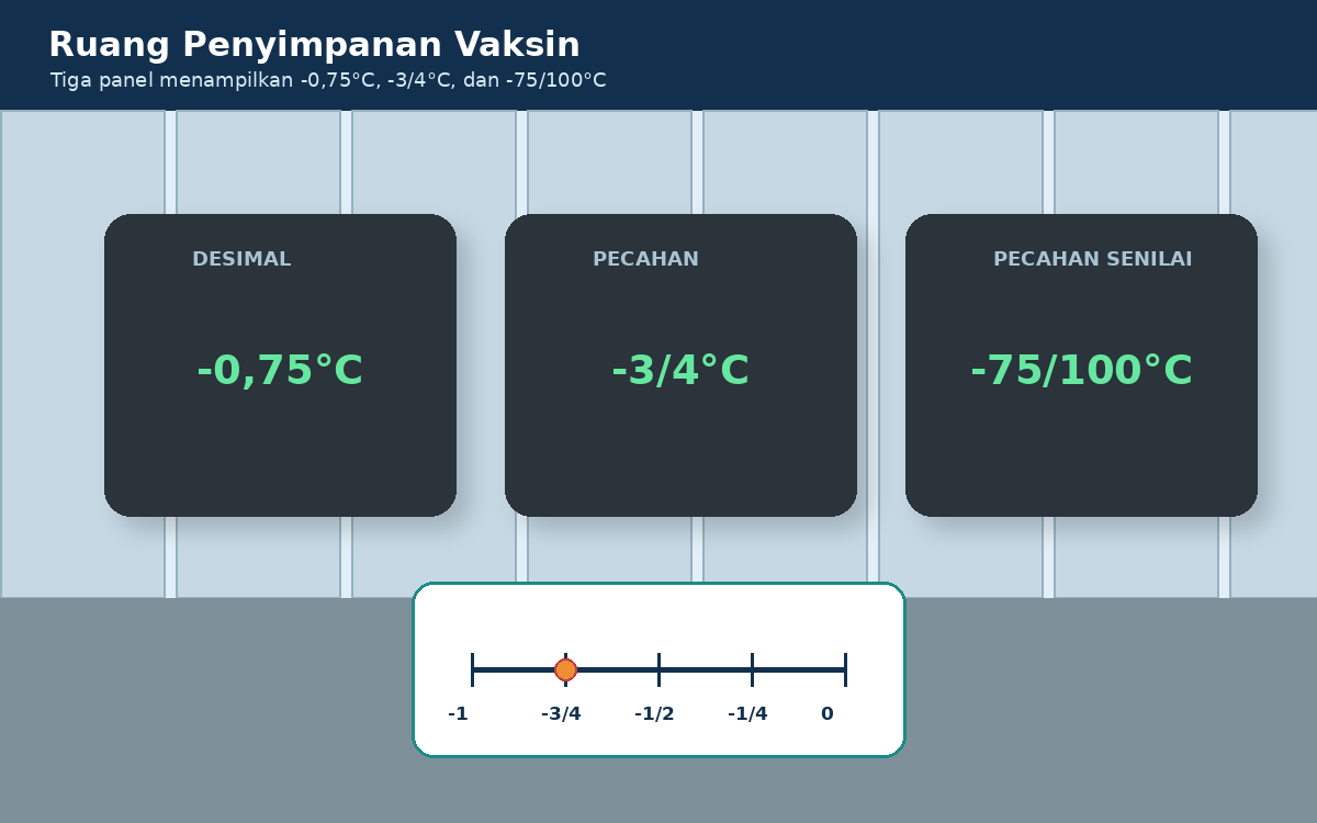 Visual soal 10: Tiga panel suhu menampilkan minus 0,75 derajat Celsius, minus 3/4 derajat Celsius, dan minus 75/100 derajat Celsius.