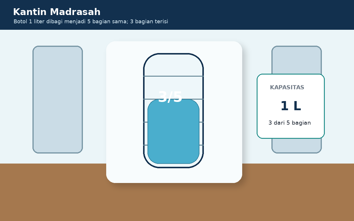 Visual soal 1: Botol minuman berkapasitas satu liter terisi tiga dari lima bagian sama besar.