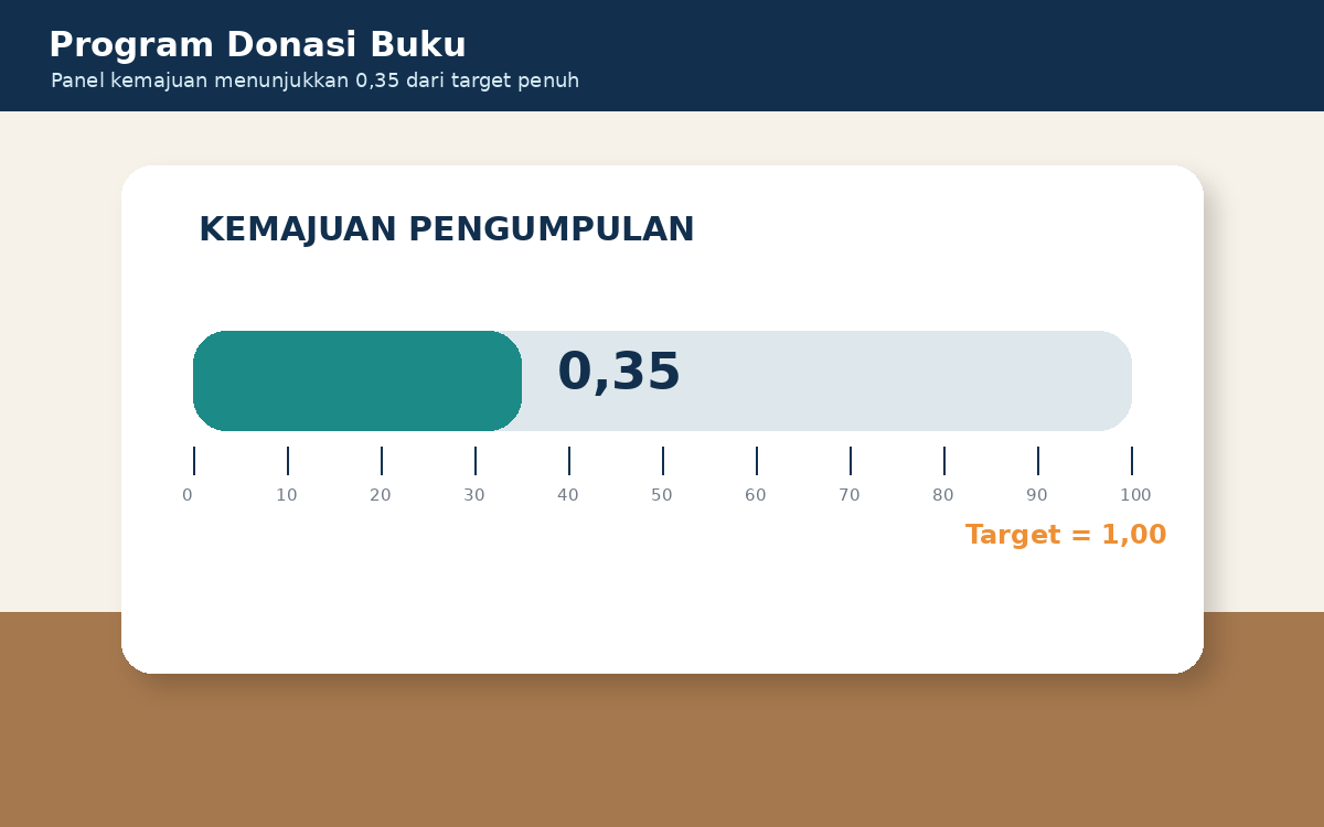 Visual soal 2: Panel target donasi menampilkan kemajuan desimal 0,35 dari satu target penuh.