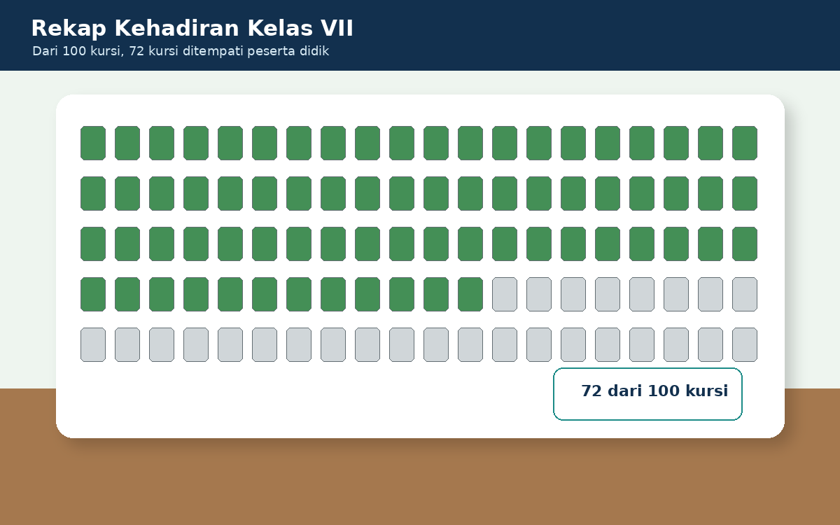 Visual soal 3: Papan kehadiran menampilkan 72 dari 100 kursi terisi.