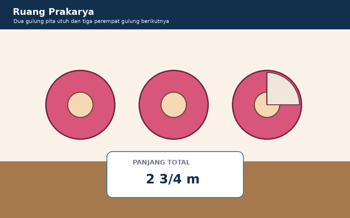 Visual soal 4: Tiga gulung pita membentuk dua gulung utuh dan tiga perempat gulung berikutnya.