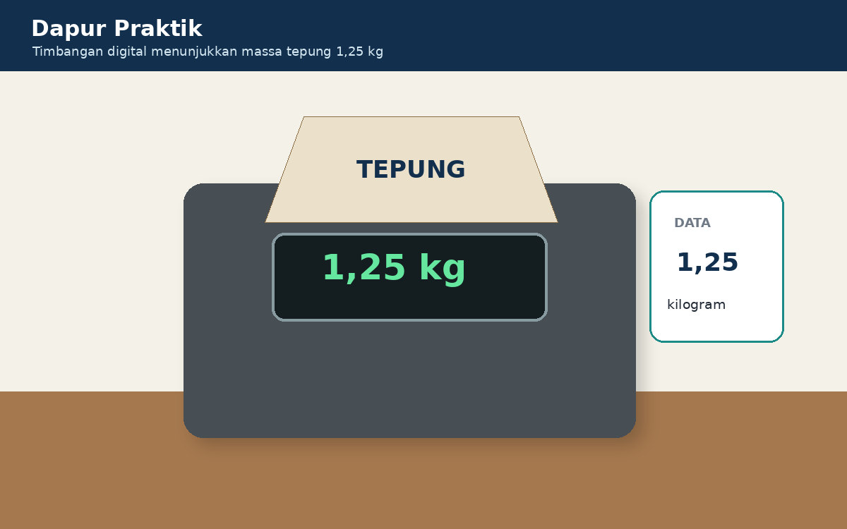Visual soal 6: Timbangan bahan menunjukkan massa 1,25 kilogram.