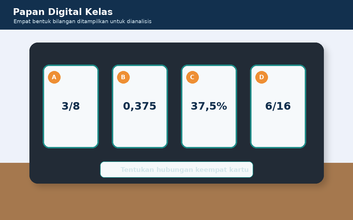 Visual soal 7: Empat kartu digital bertuliskan 3/8, 0,375, 37,5 persen, dan 6/16.