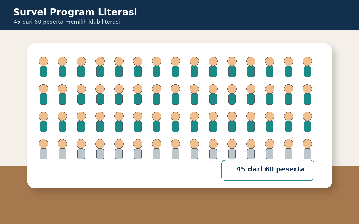 Visual soal 9: Papan survei menampilkan 45 dari 60 peserta memilih kegiatan literasi.