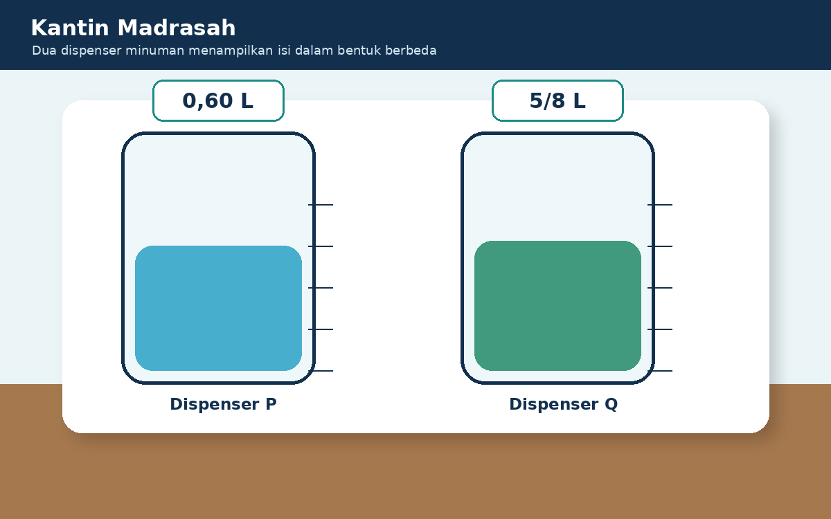 Visual soal 1: Dua dispenser minuman berisi 0,60 liter dan lima per delapan liter.