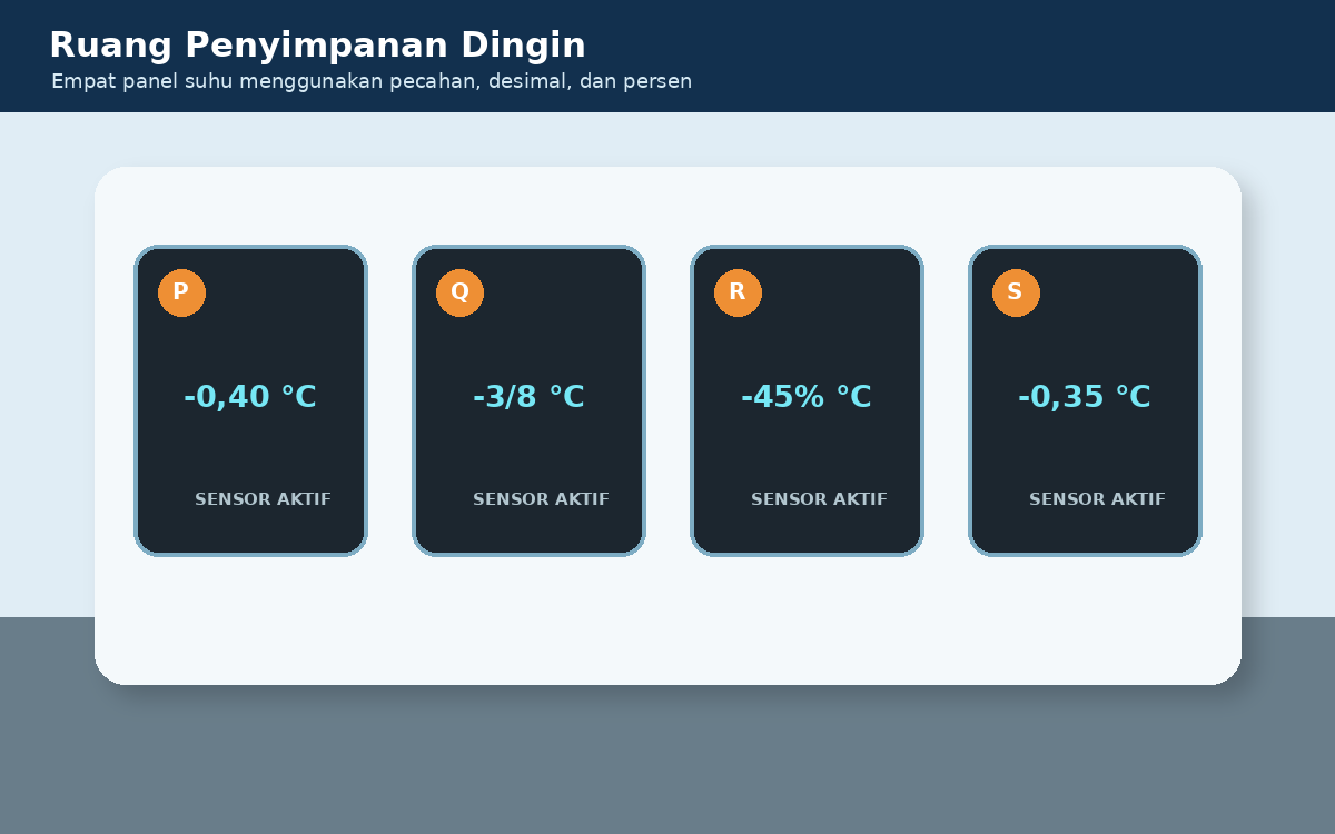 Visual soal 2: Empat panel suhu bertuliskan minus 0,40; minus tiga per delapan; minus 45 persen; dan minus 0,35 derajat Celsius.