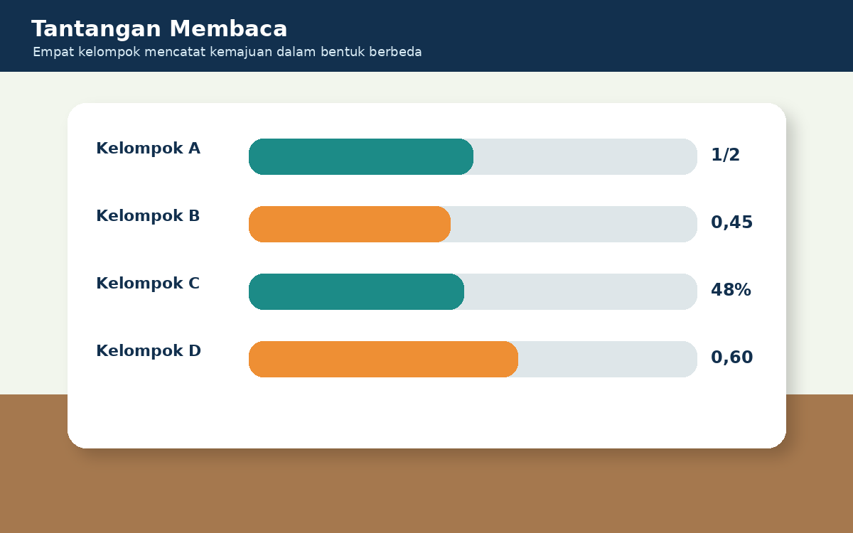 Visual soal 3: Empat batang kemajuan bertuliskan satu per dua, 0,45, 48 persen, dan 0,60.