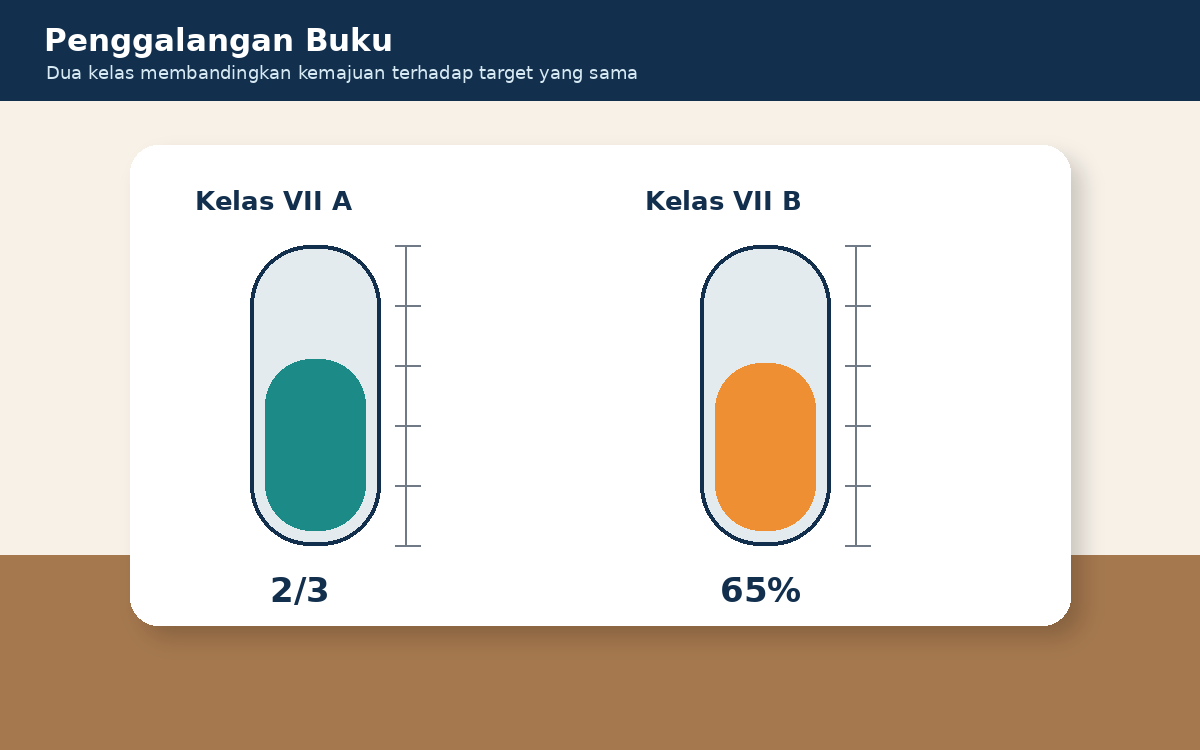 Visual soal 4: Dua pengukur target menunjukkan dua per tiga dan 65 persen.