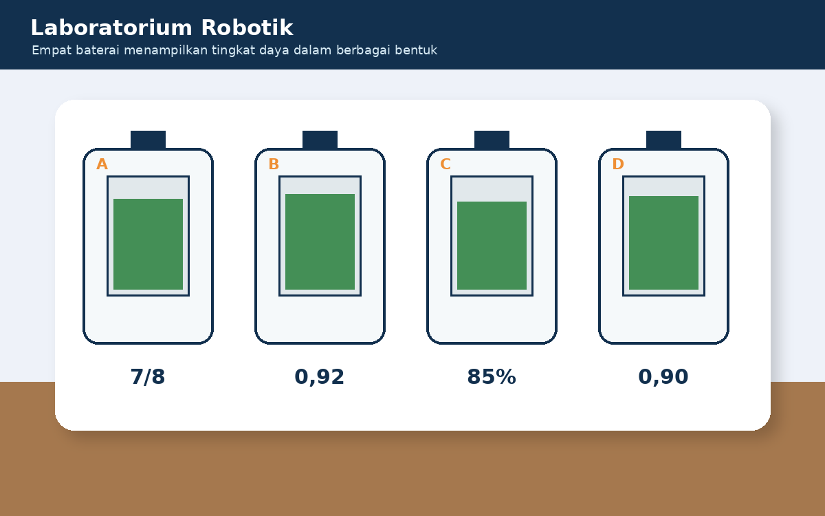 Visual soal 6: Empat baterai bertuliskan tujuh per delapan, 0,92, 85 persen, dan 0,90.