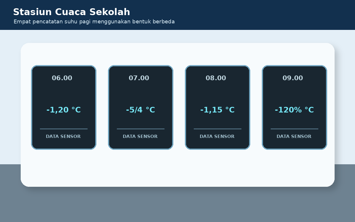 Visual soal 8: Empat panel cuaca bertuliskan minus 1,20, minus lima per empat, minus 1,15, dan minus 120 persen.