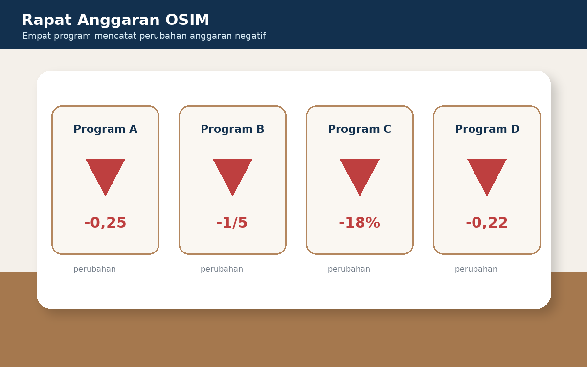 Visual soal 10: Empat kartu perubahan anggaran negatif bertuliskan minus 0,25, minus satu per lima, minus 18 persen, dan minus 0,22.