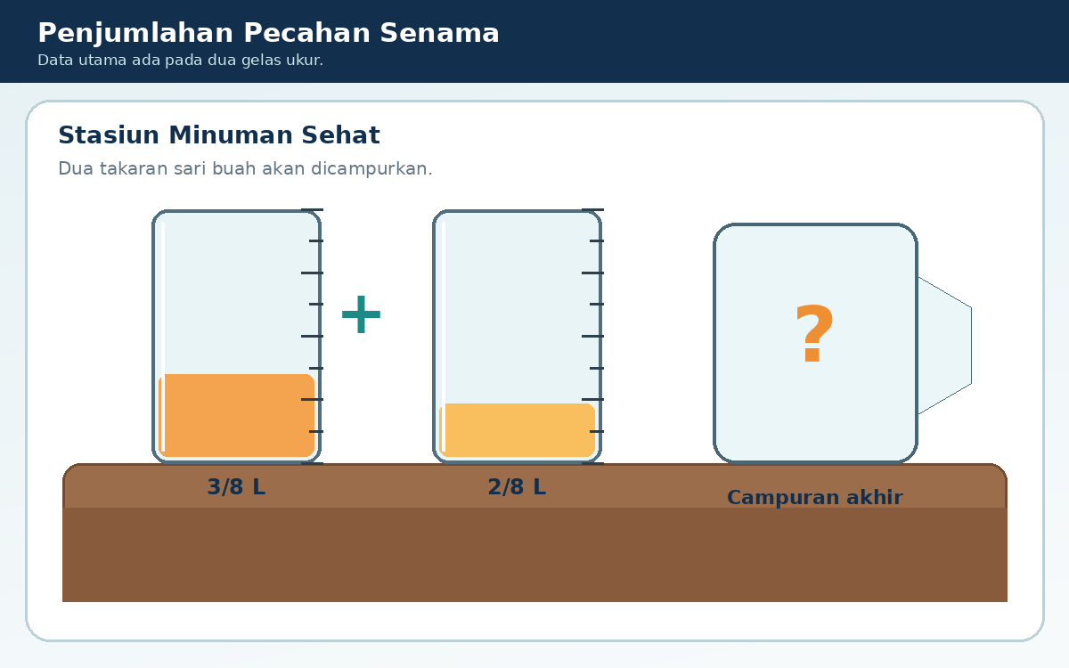 Dua gelas ukur berisi 3/8 L dan 2/8 L sari buah.
