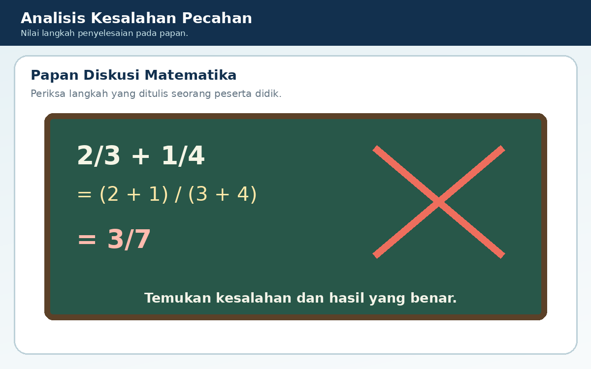 Papan menampilkan 2/3 + 1/4 = 3/7.