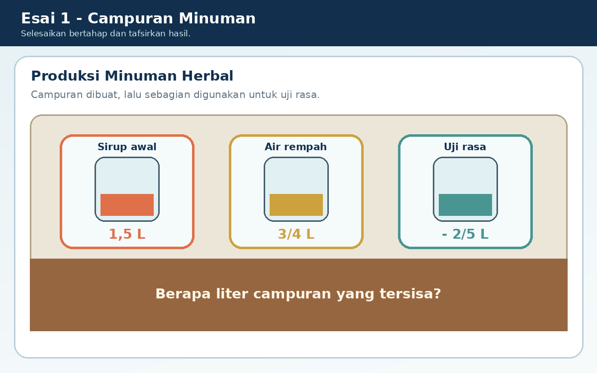 1,5 L sirup + 3/4 L air rempah - 2/5 L untuk uji rasa.